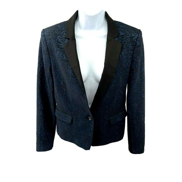 BCBGmaxazria Philipe Tuxedo Blazer Jacket Blue with Black Lace Satin Medium - Picture 5 of 14